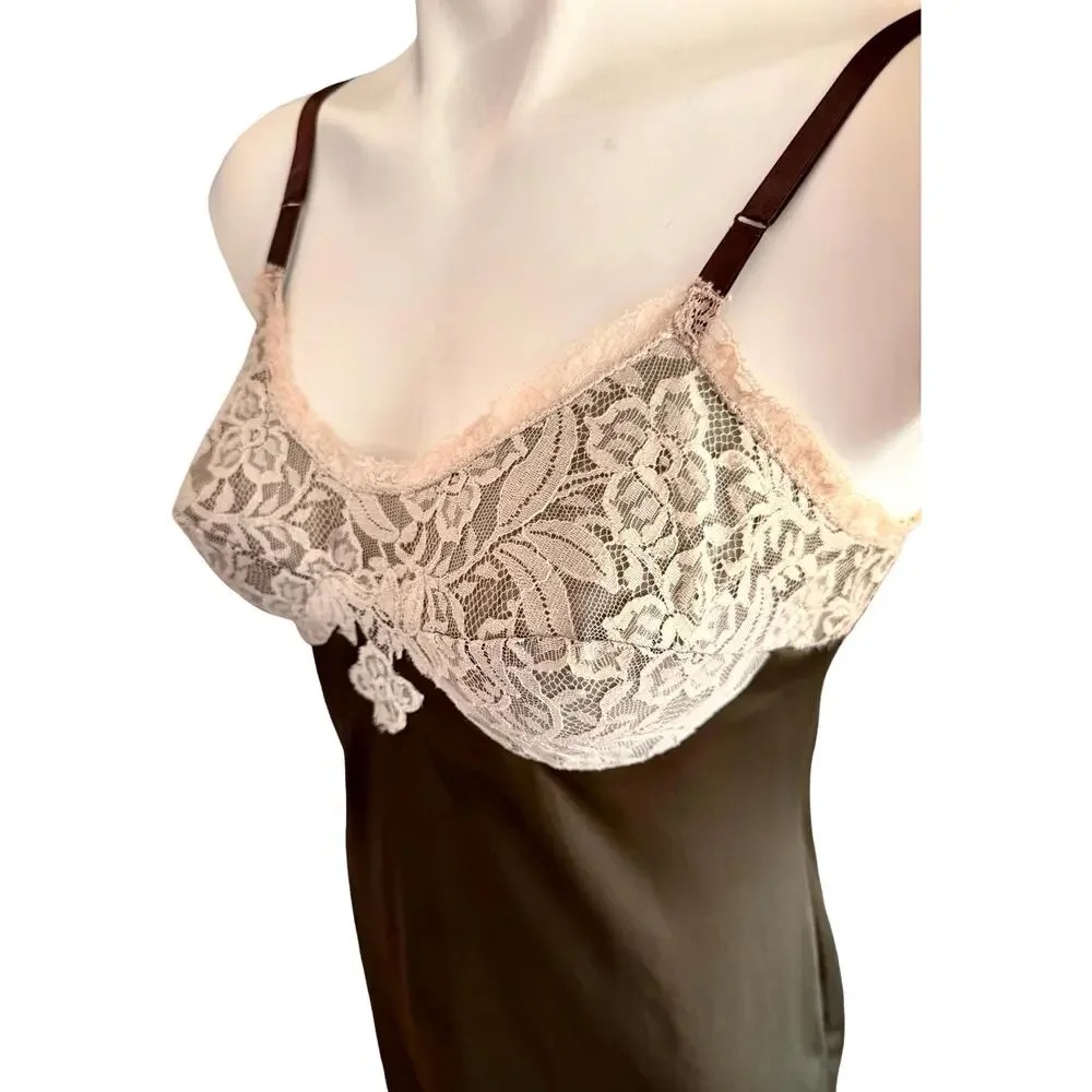 Vintage 60s Formfit Rogers Olive Full Slip Lace Bodice Floral Appliqué Sz 34